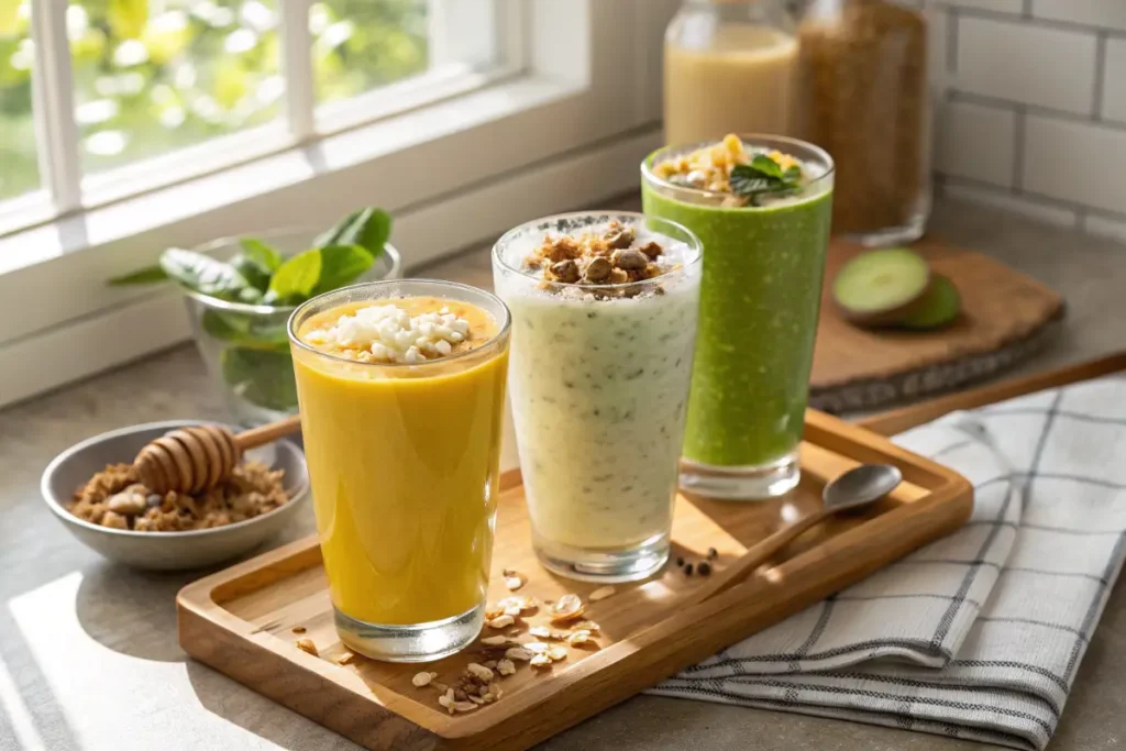 Three mango banana smoothie variations: coconut, honey and granola, and green smoothie.