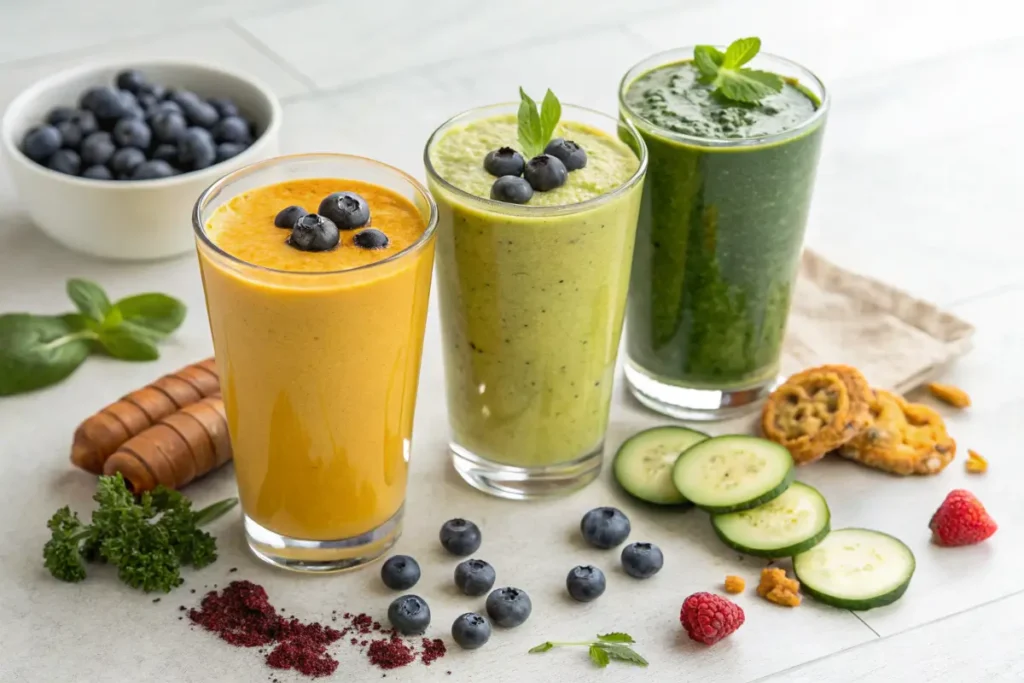 Three types of anti-inflammatory smoothies with garnishes.