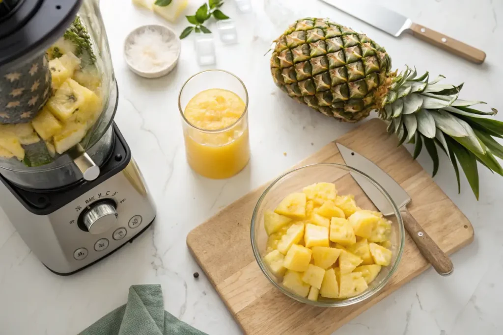 Chopped pineapple and blender preparing fresh pineapple juice