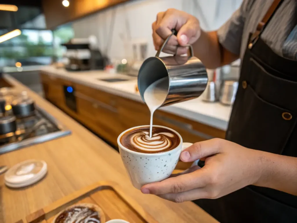 Barista pouring steamed milk into a cup of espresso with chocolate swirl.