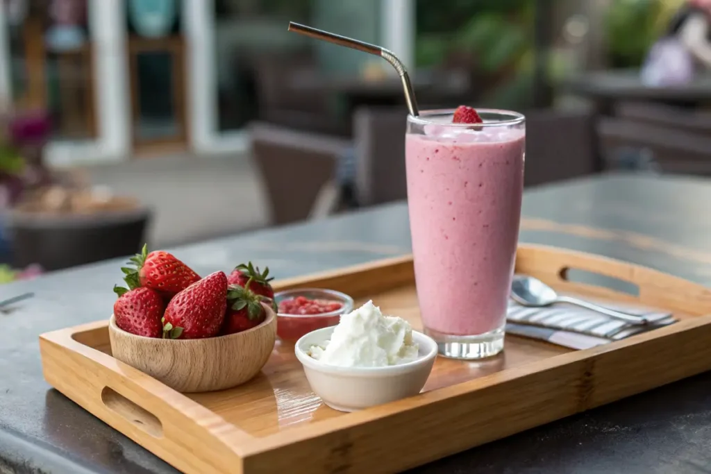 Hailey Bieber Smoothie served with fresh strawberries and coconut whip
