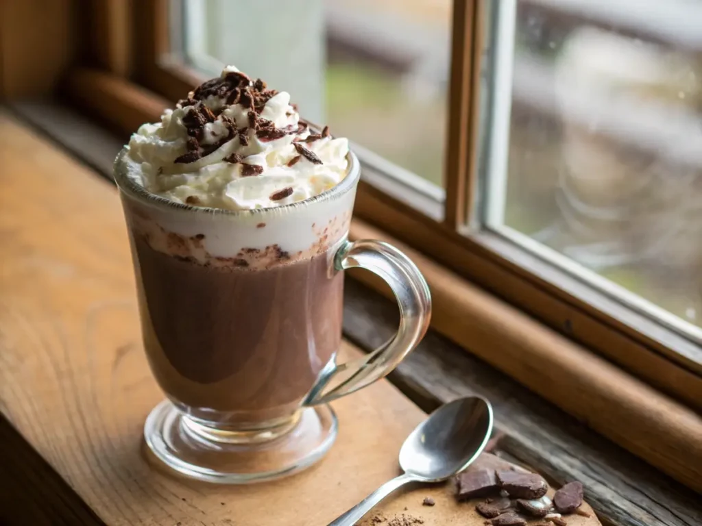 A beautifully styled protein hot chocolate with whipped cream.