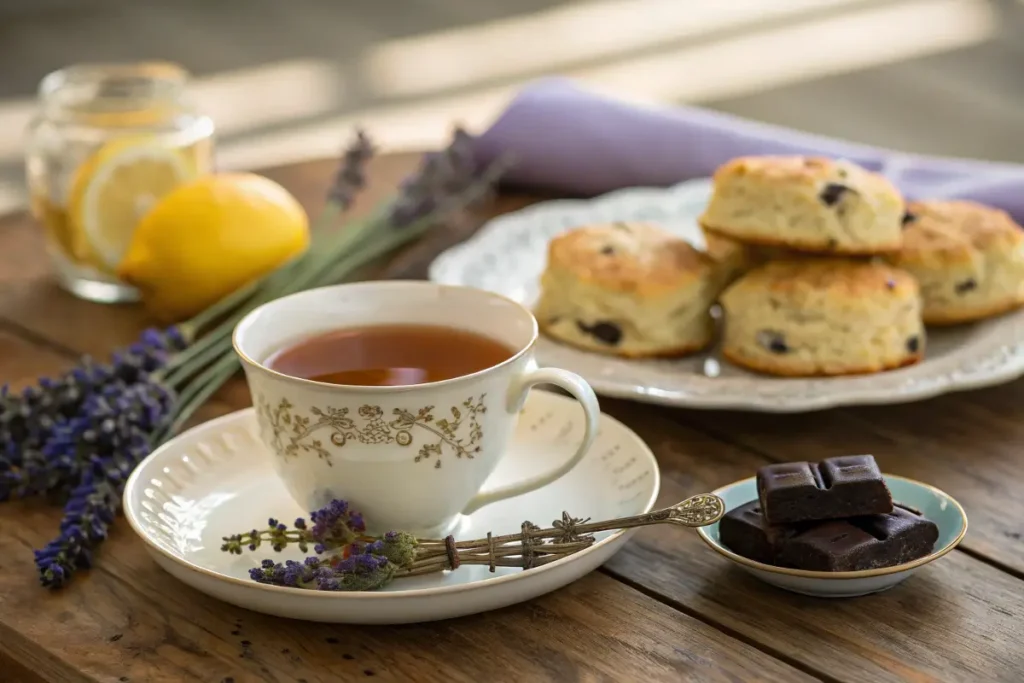 Grey Lady Tea served with scones, dark chocolate, and citrus garnish.