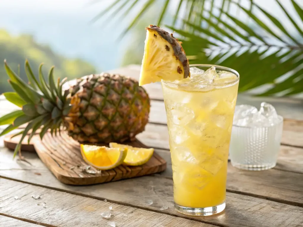 A chilled glass of pineapple lemonade with ice and fruit garnish.