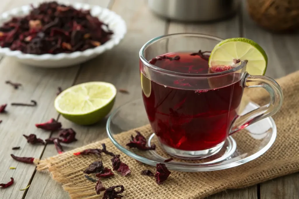 Steaming hibiscus tea in a glass mug with lime.