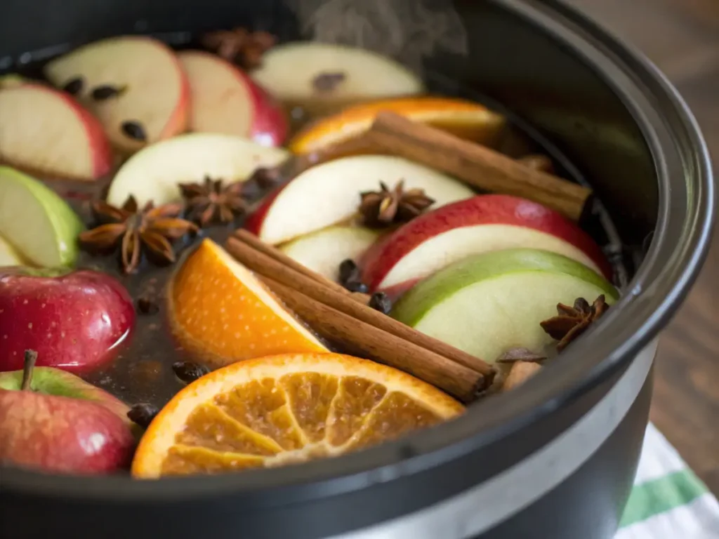 A crockpot filled with apples, cinnamon sticks, cloves, and orange slices simmering in water.