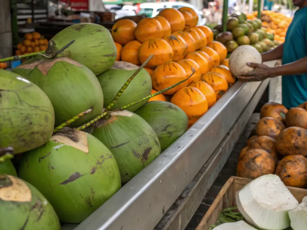 Different types of fresh coconuts at a market stall.