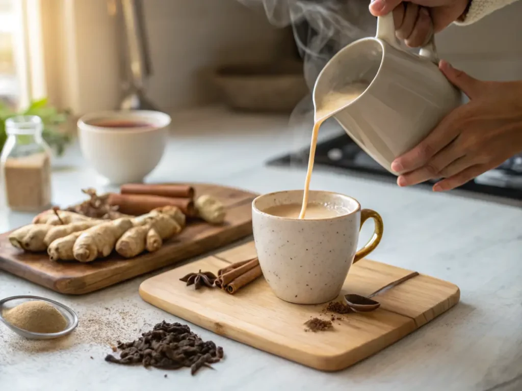 Homemade Dunkin’ Donuts chai tea being poured into a cup.