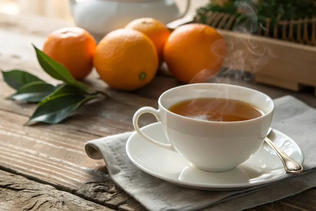 A steaming cup of Earl Grey tea with fresh bergamot oranges.