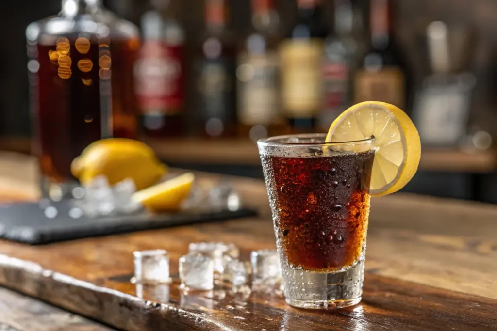 Black Tea Shot served in a frosted glass with lemon garnish on a bar counter.
