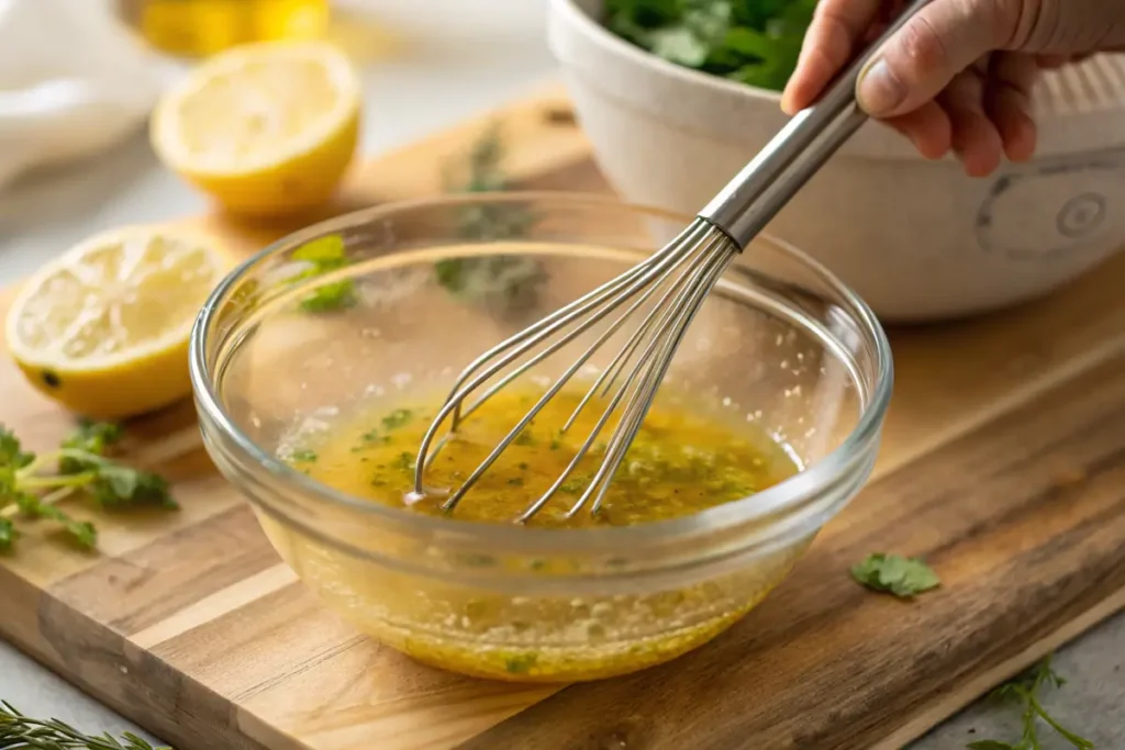 Whisking homemade honey lemon vinaigrette in a glass bowl.