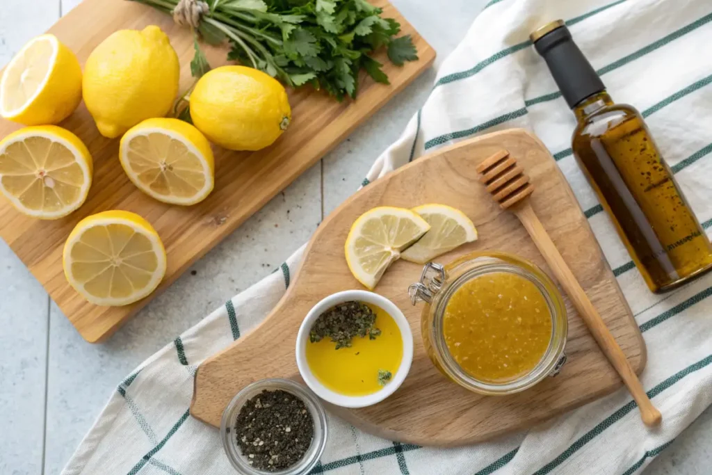 Fresh ingredients for honey lemon vinaigrette on a wooden board.