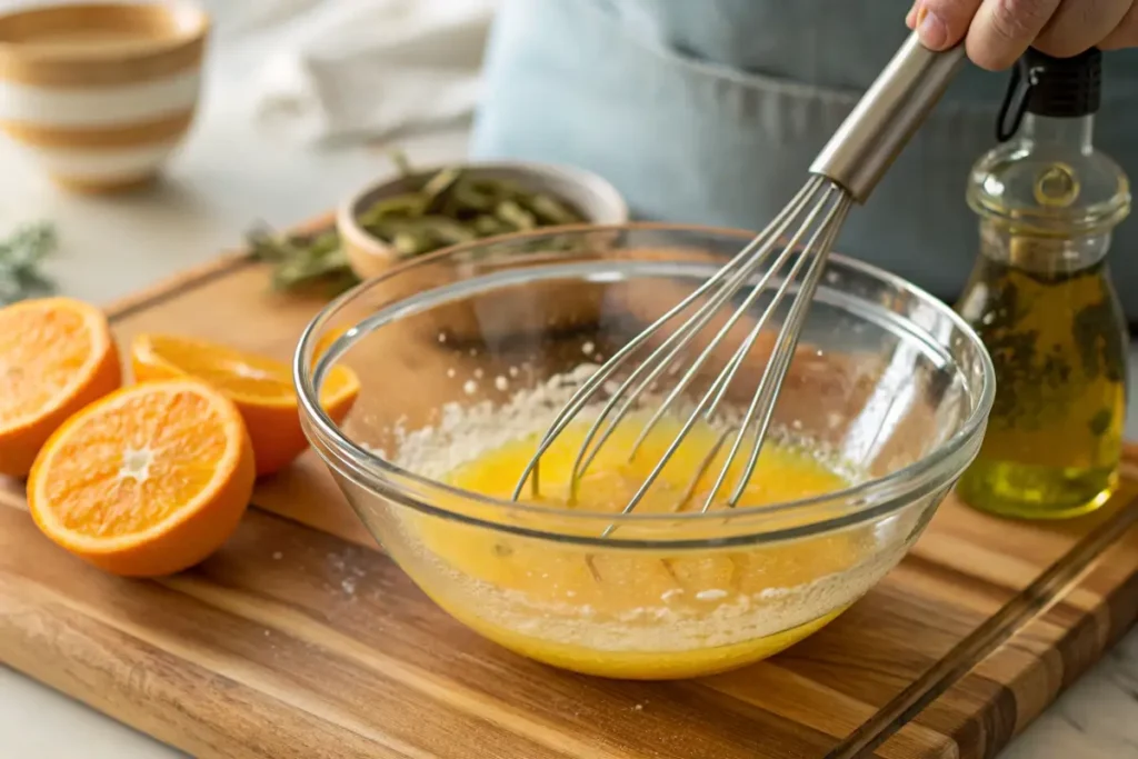 Whisking homemade orange vinaigrette in a glass bowl.