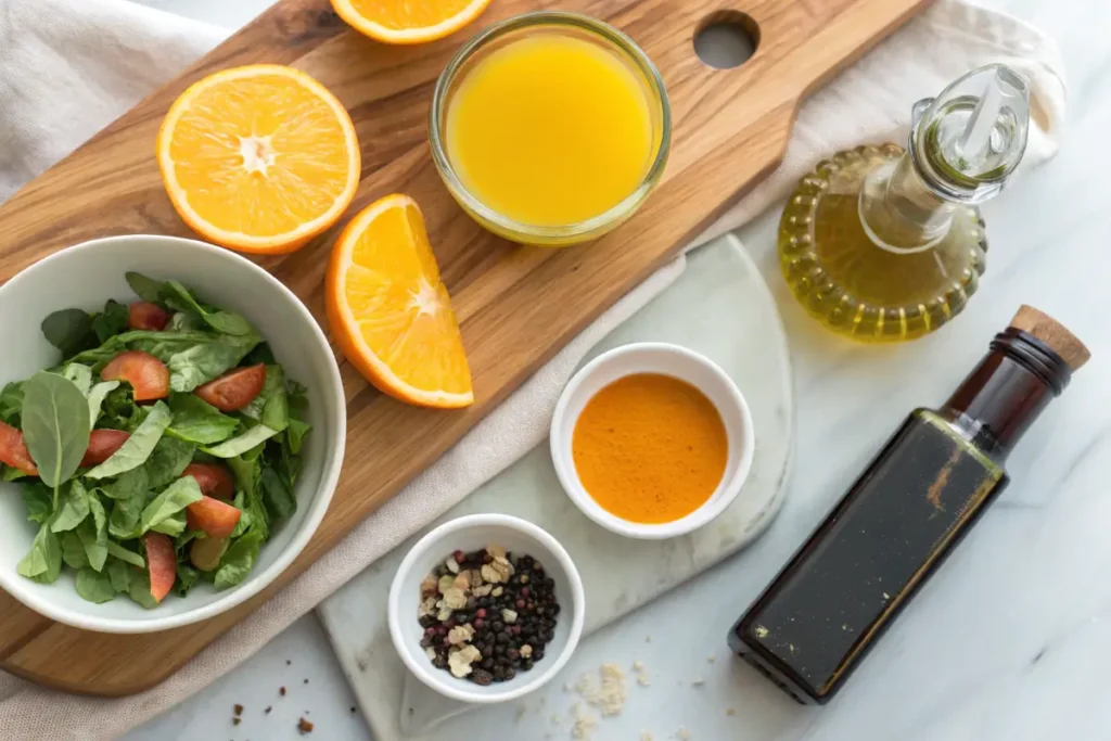 Fresh ingredients for orange vinaigrette arranged on a wooden board.