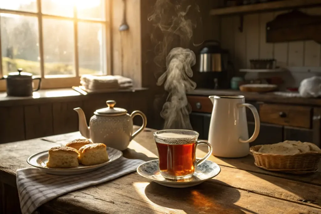 A warm cup of English breakfast tea on a rustic table with sunlight.