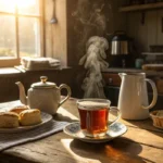 A warm cup of English breakfast tea on a rustic table with sunlight.