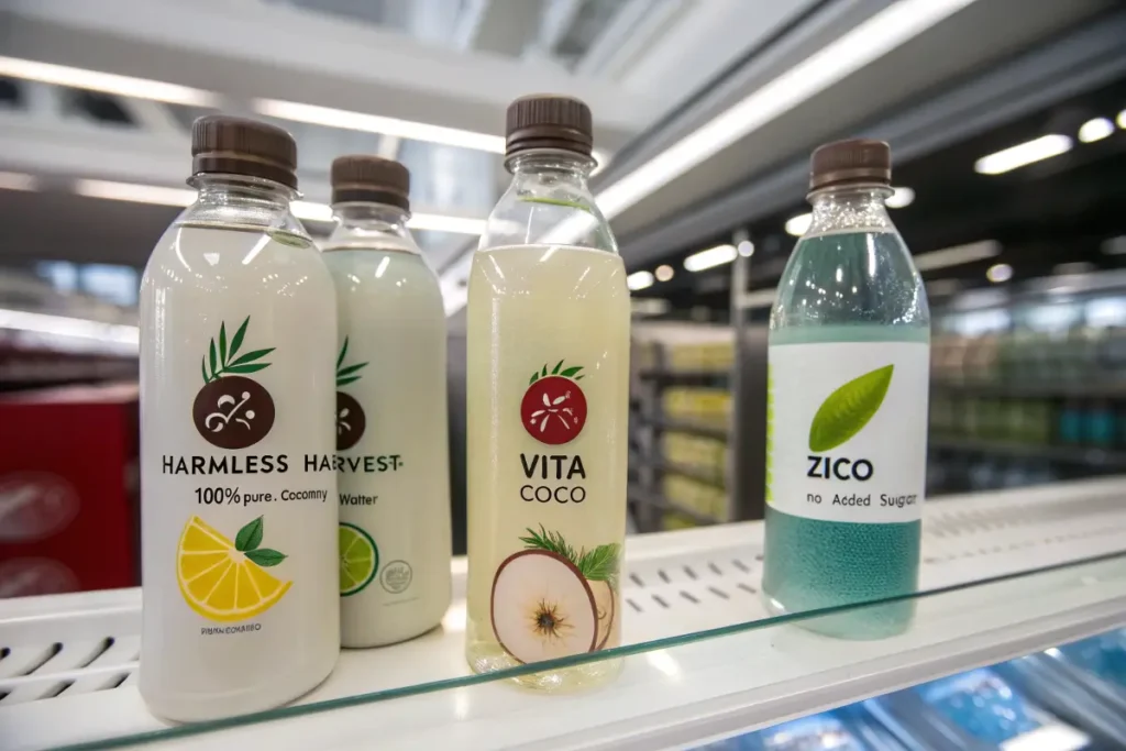 A variety of top coconut water drink brands on a store shelf.