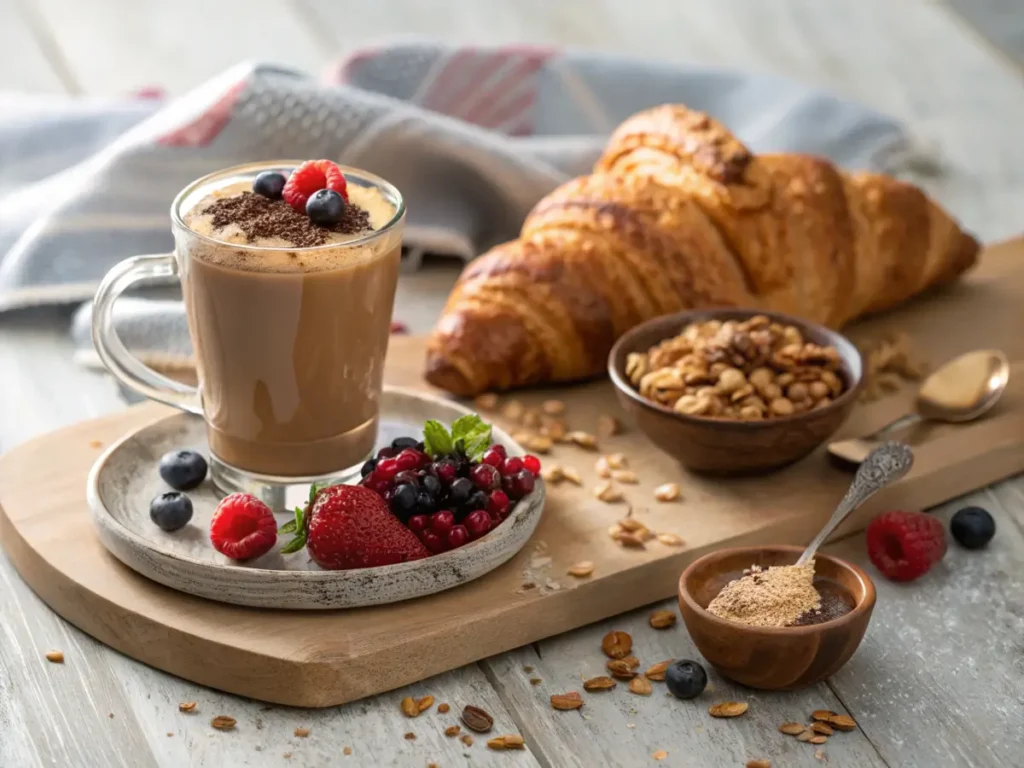 Mocha coffee served with a croissant, fresh berries, and granola.