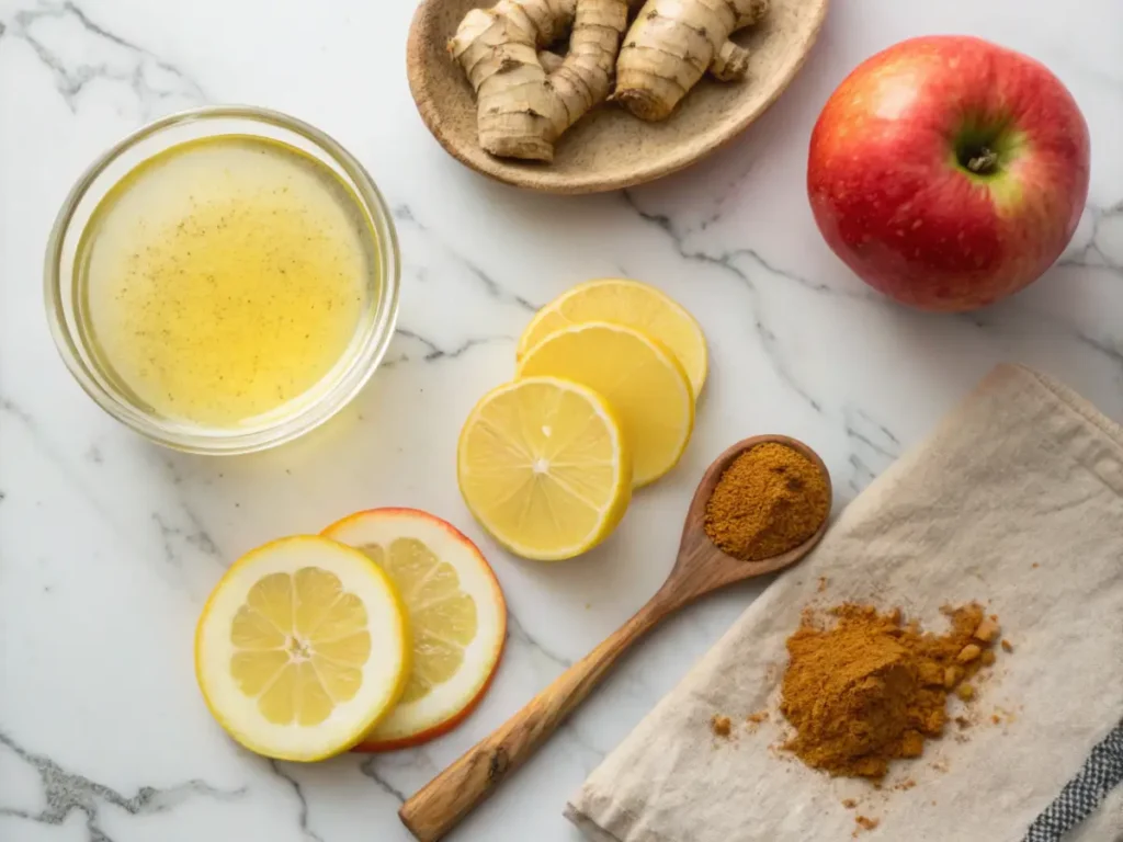 Ingredients for making apple cider vinegar tonic, including lemon, honey, and spices.