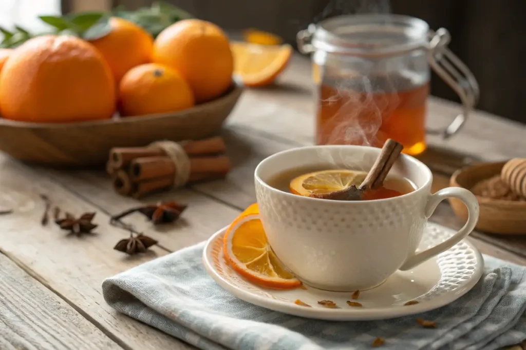 A steaming cup of orange peel tea with fresh orange zes