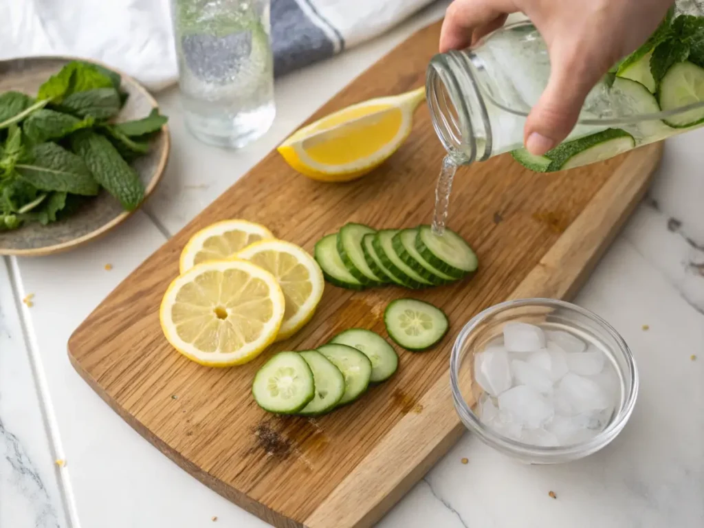 Fresh ingredients for lemon and cucumber water on a cutting board