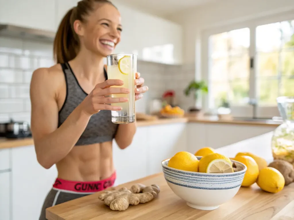 A woman drinking ginger and lemon water for health and weight loss.