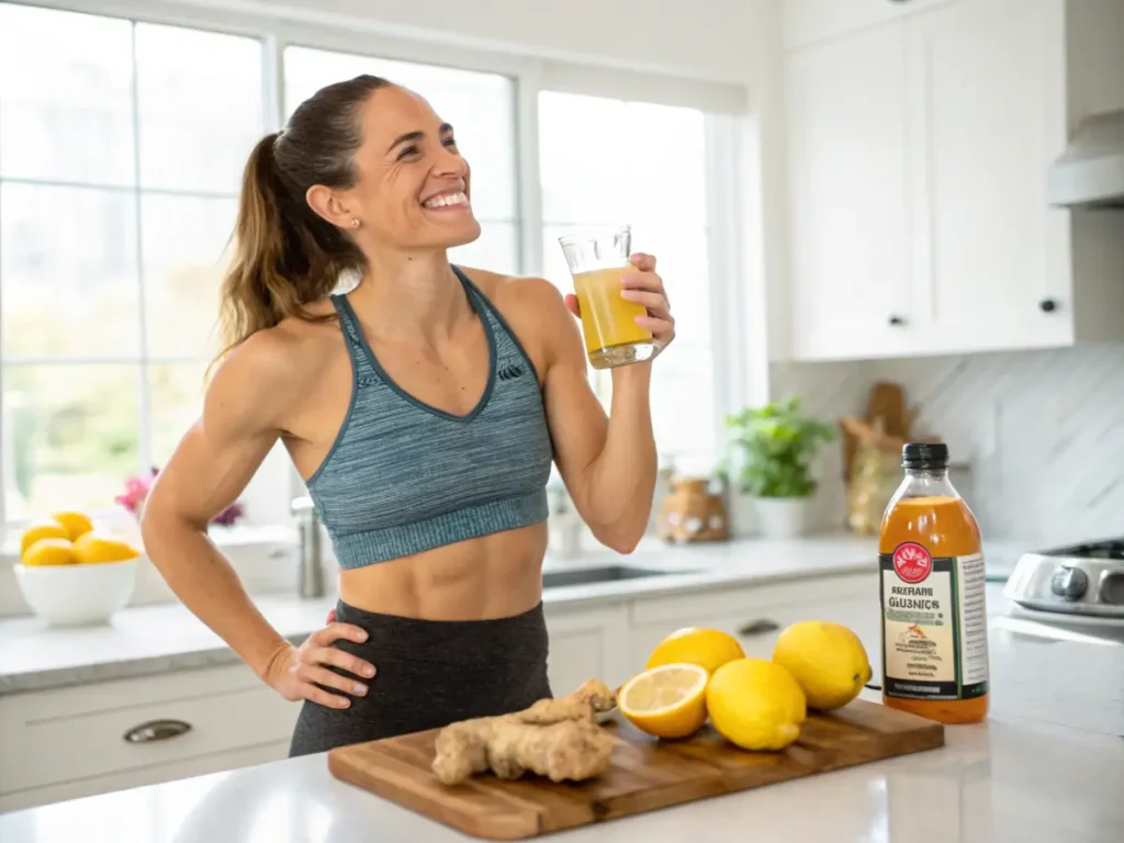  A woman drinking apple cider vinegar tonic for weight loss and digestion.