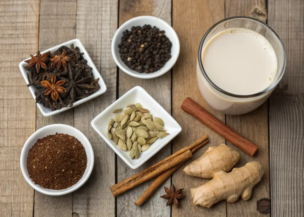 Ingredients for Dunkin' chai tea including black tea, cinnamon, and milk.