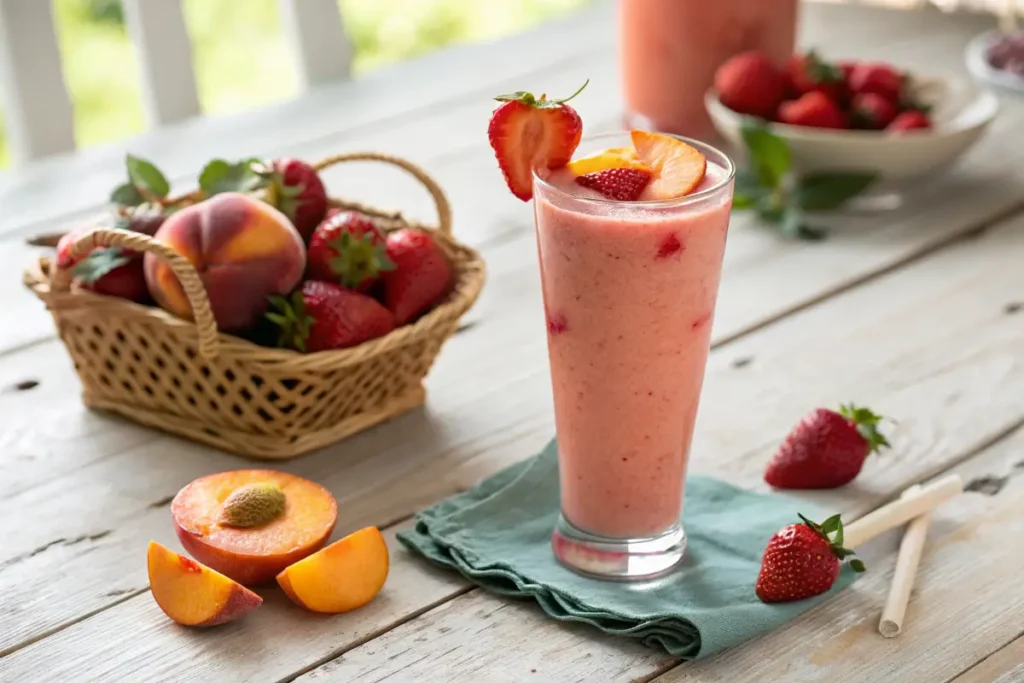 Strawberry Peach Smoothie in a Tall Glass with Fresh Fruit Garnish