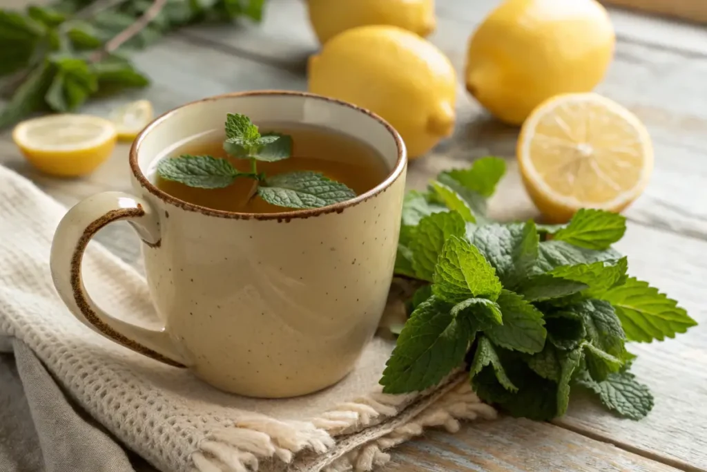 A steaming cup of lemon balm tea with fresh leaves.