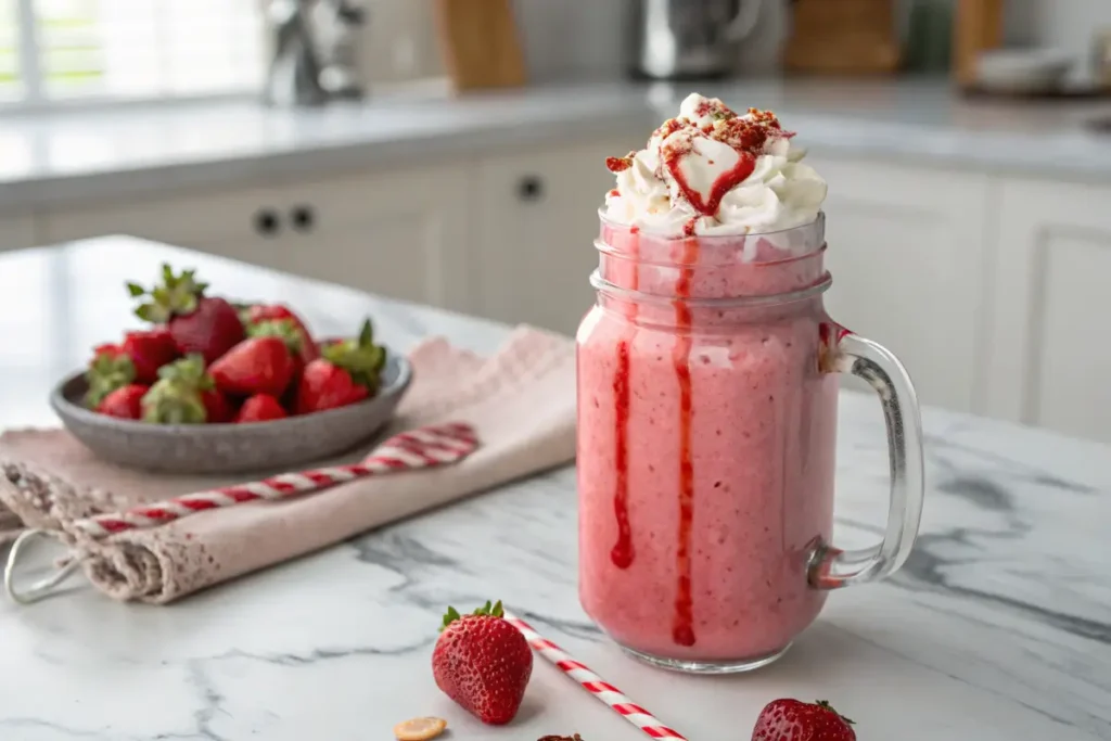 Hailey Bieber Smoothie in a mason jar with strawberry glaze
