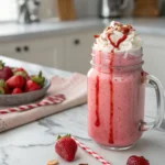 Hailey Bieber Smoothie in a mason jar with strawberry glaze