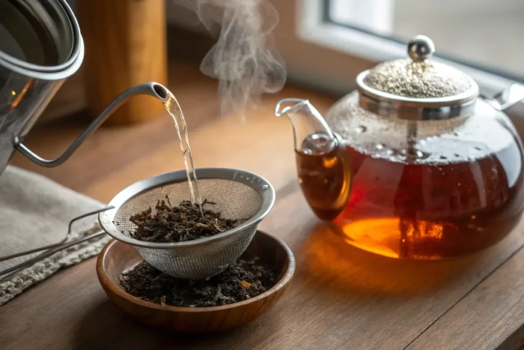 Loose Earl Grey tea leaves steeping in a glass teapot.