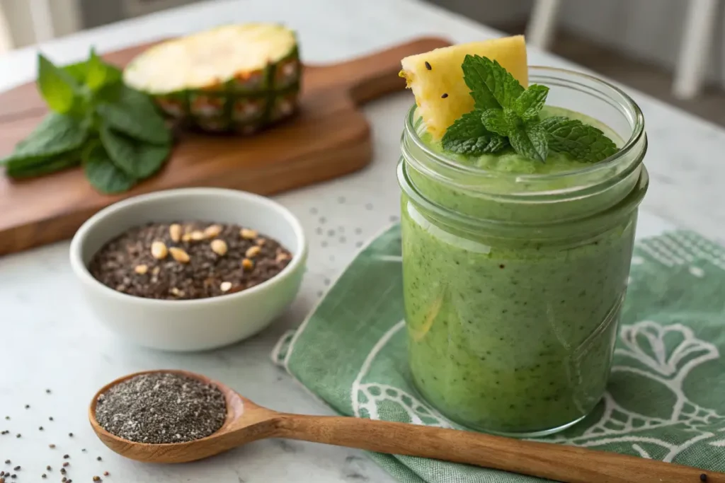 Green detox smoothie with superfoods and garnishes