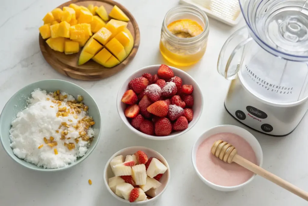 Tropical smoothie ingredients arranged on a kitchen counter.