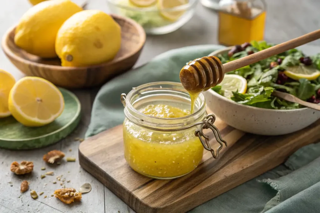 Homemade honey lemon vinaigrette in a glass jar with fresh ingredients.Homemade honey lemon vinaigrette in a glass jar with fresh ingredients.Homemade honey lemon vinaigrette in a glass jar with fresh ingredients.