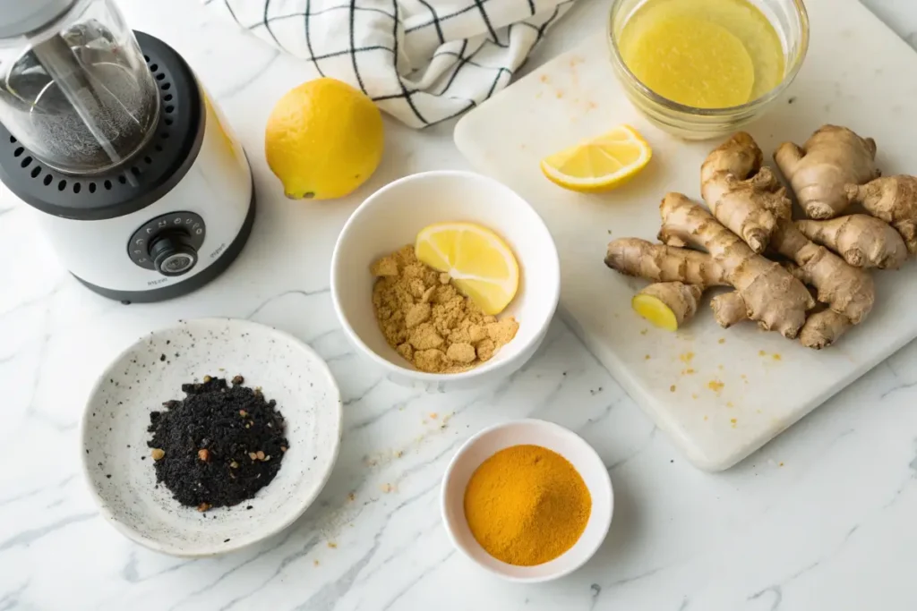  Ingredients for making a ginger turmeric lemon shot.