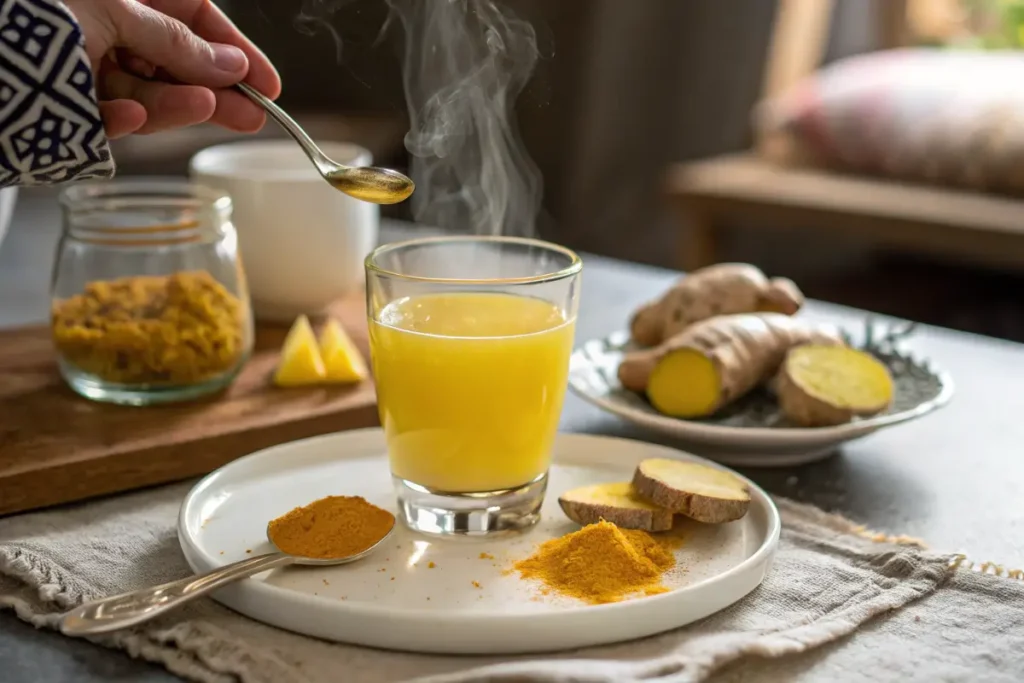 A glass of ginger turmeric lemon shot with fresh ingredients.