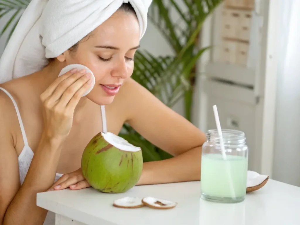 Woman applying fresh coconut juice to her face for hydration.