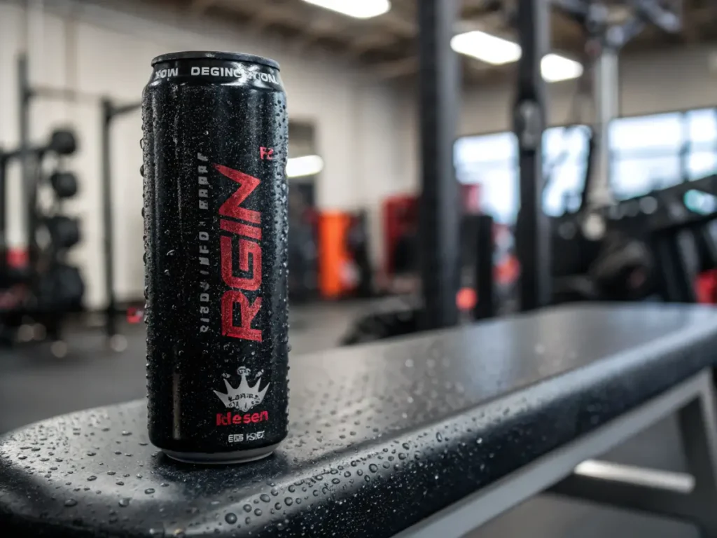 A can of Reign Energy Drink on a gym bench with workout equipment in the background.