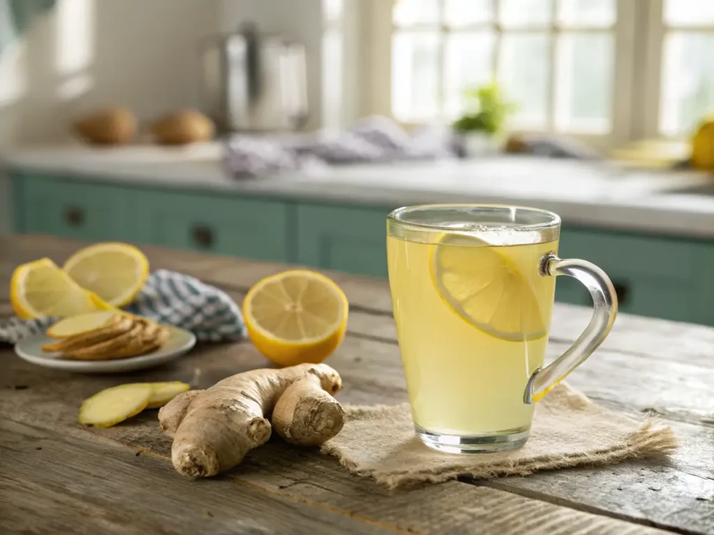 A warm glass of ginger and lemon water with fresh ingredients.