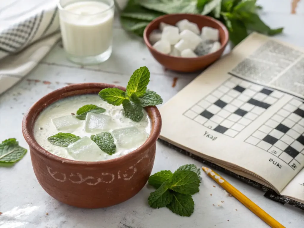 Cold yogurt drink in a clay cup with mint and ice.