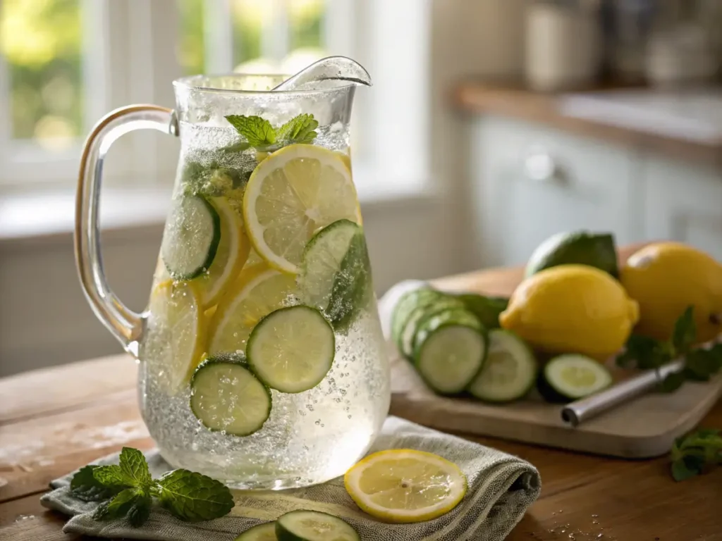 Glass pitcher of lemon and cucumber water with fresh ingredients