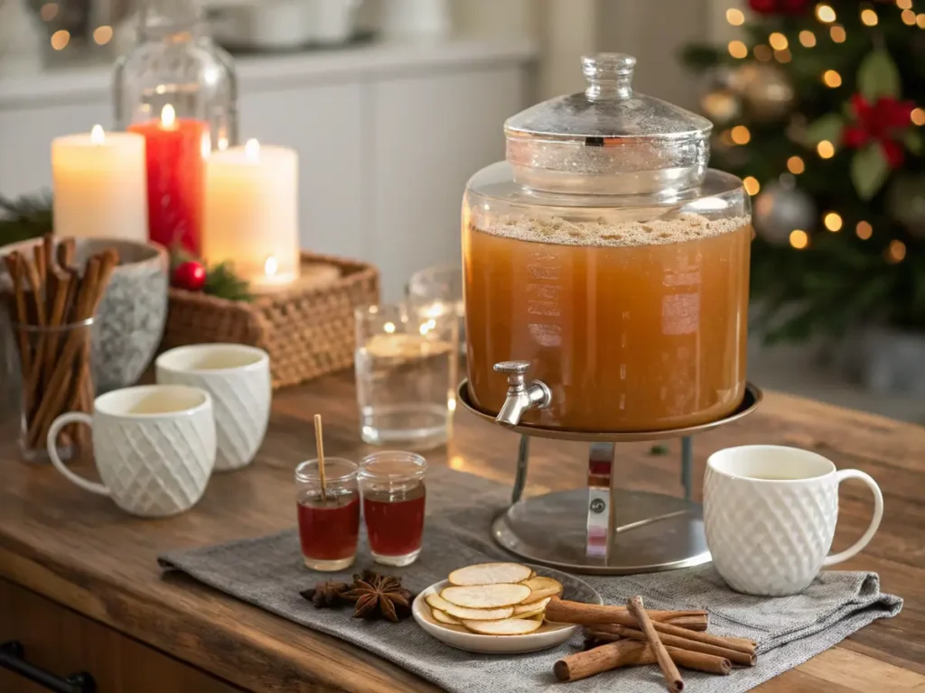 A glass dispenser filled with warm apple cider, surrounded by mugs and cinnamon sticks at a holiday gathering.