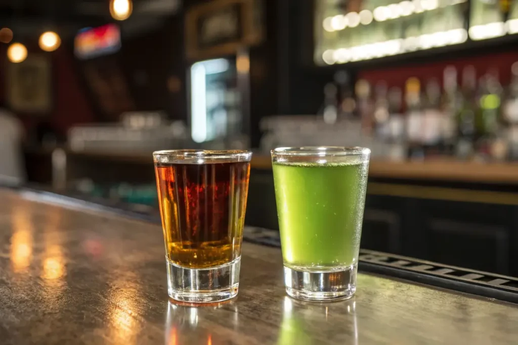 Side-by-side comparison of a Black Tea Shot and a Green Tea Shot in a bar setting