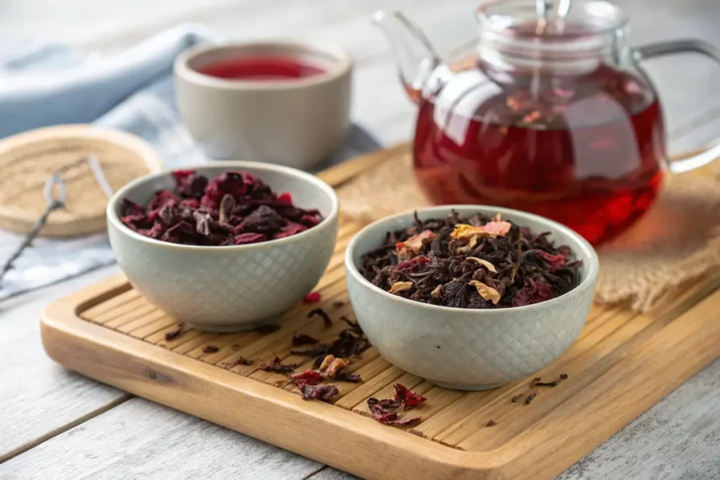 Fresh vs. dried hibiscus petals for tea preparation.
