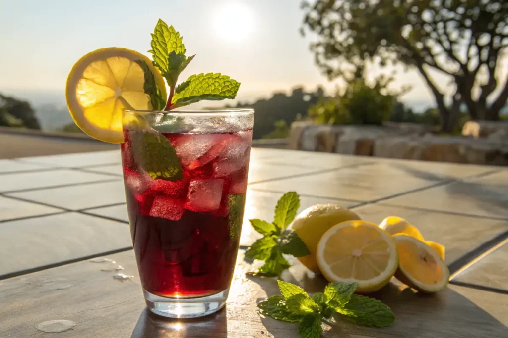 Iced hibiscus tea with mint and lemon slices.