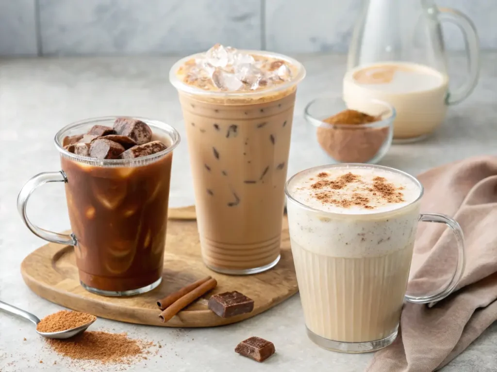 Hot and iced Dunkin' chai tea lattes with different milk options.