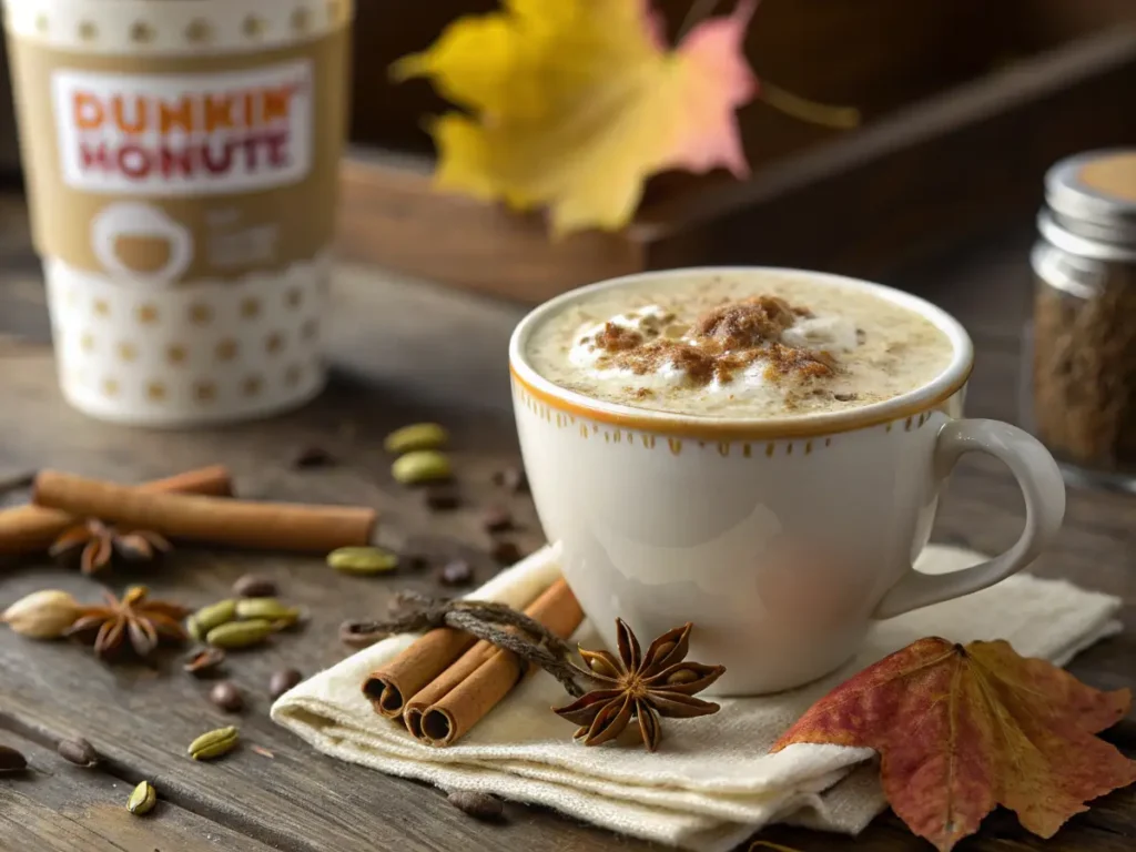 Steaming cup of Dunkin’ Donuts chai tea with cinnamon and spices.