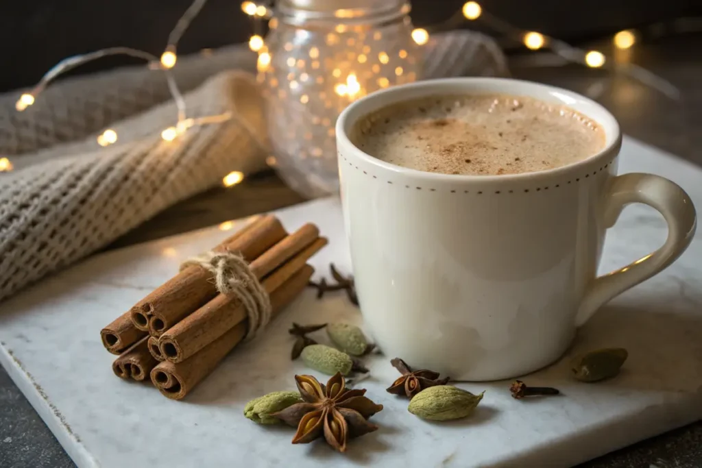 A steaming Dunkin' chai tea latte with cinnamon sticks.